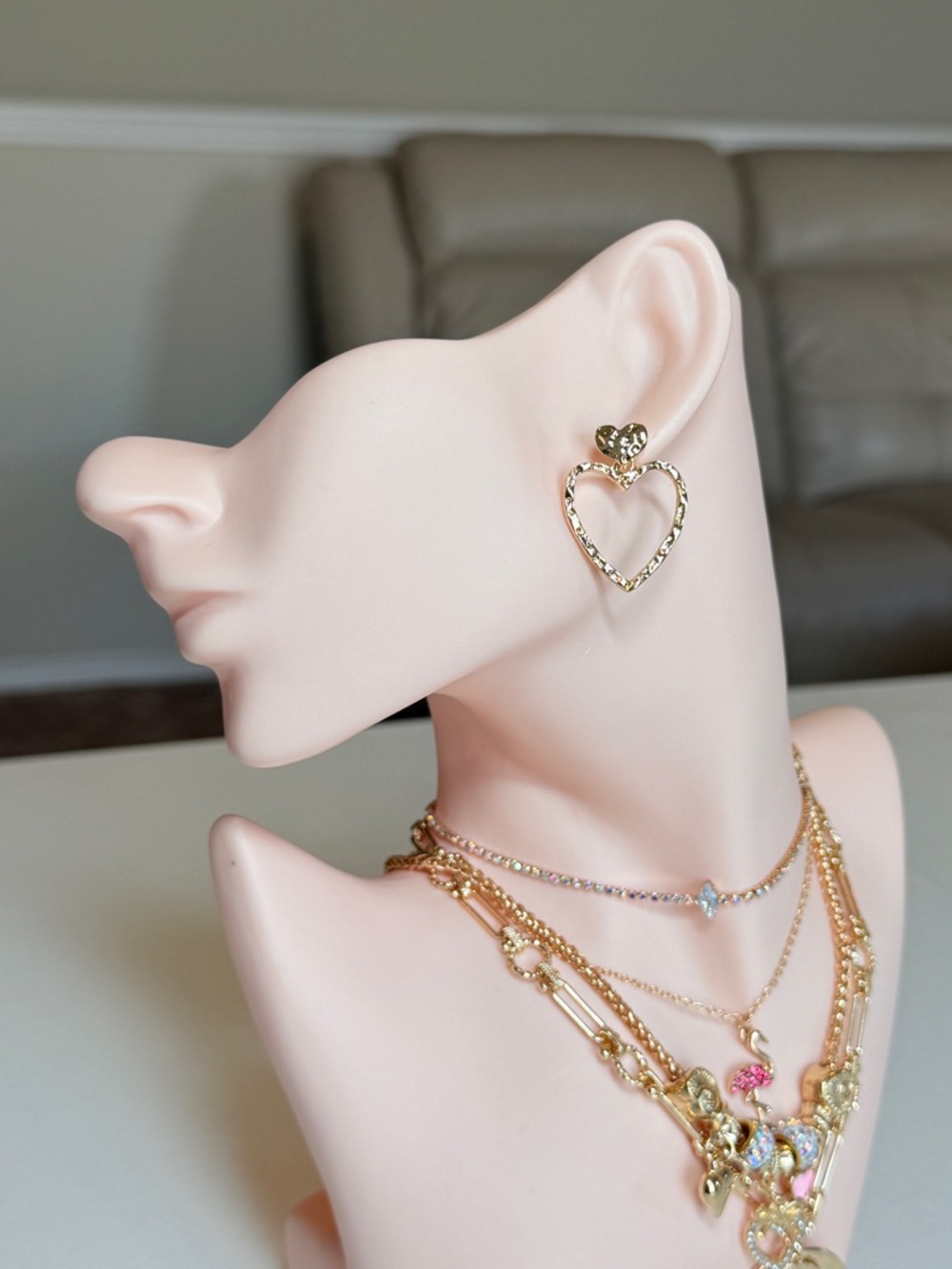 Gold Heart Drop Earrings - Picture 3 of 10